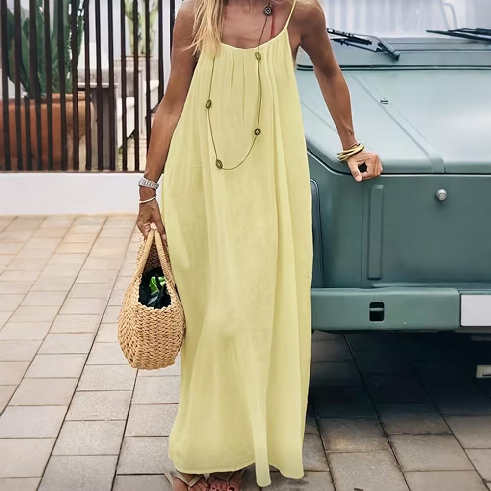 Women Summer Solid Color Spaghetti-strap Dress Backless Long Dress