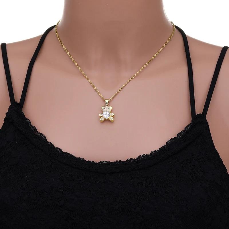 Animal Cute Bear Necklace Women 6 Style Copper Inlaid Zircon Female Charm Fashion Stainless Steel Chain Necklace Jewelry Gift