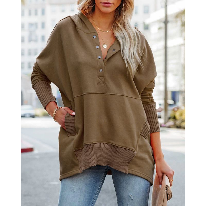 

Женский повседневный свитер с V-образным вырезом, европейский и американский капюшон, свободный пэчворк, рукав «летучая мышь», V-образный вырез Brown S