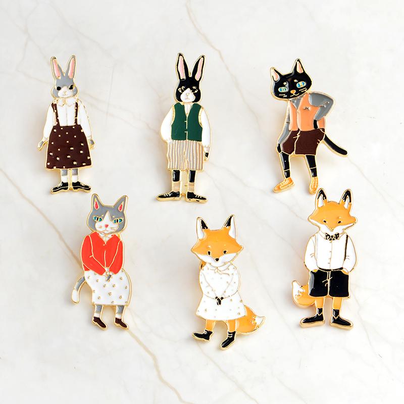 QIHE JEWELRY Pins and Brooches Rabbit/Fox/Cat Couple Enamel Pin Badges Hat Backpack Accessories Lovers Jewelry Gift for