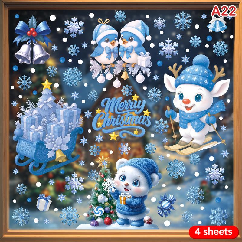 Christmas Blue Snowman Window Stickers Santa Claus Bird Snowflake Elk Ornaments Merry Christmas 2025 Happy New Year 2026