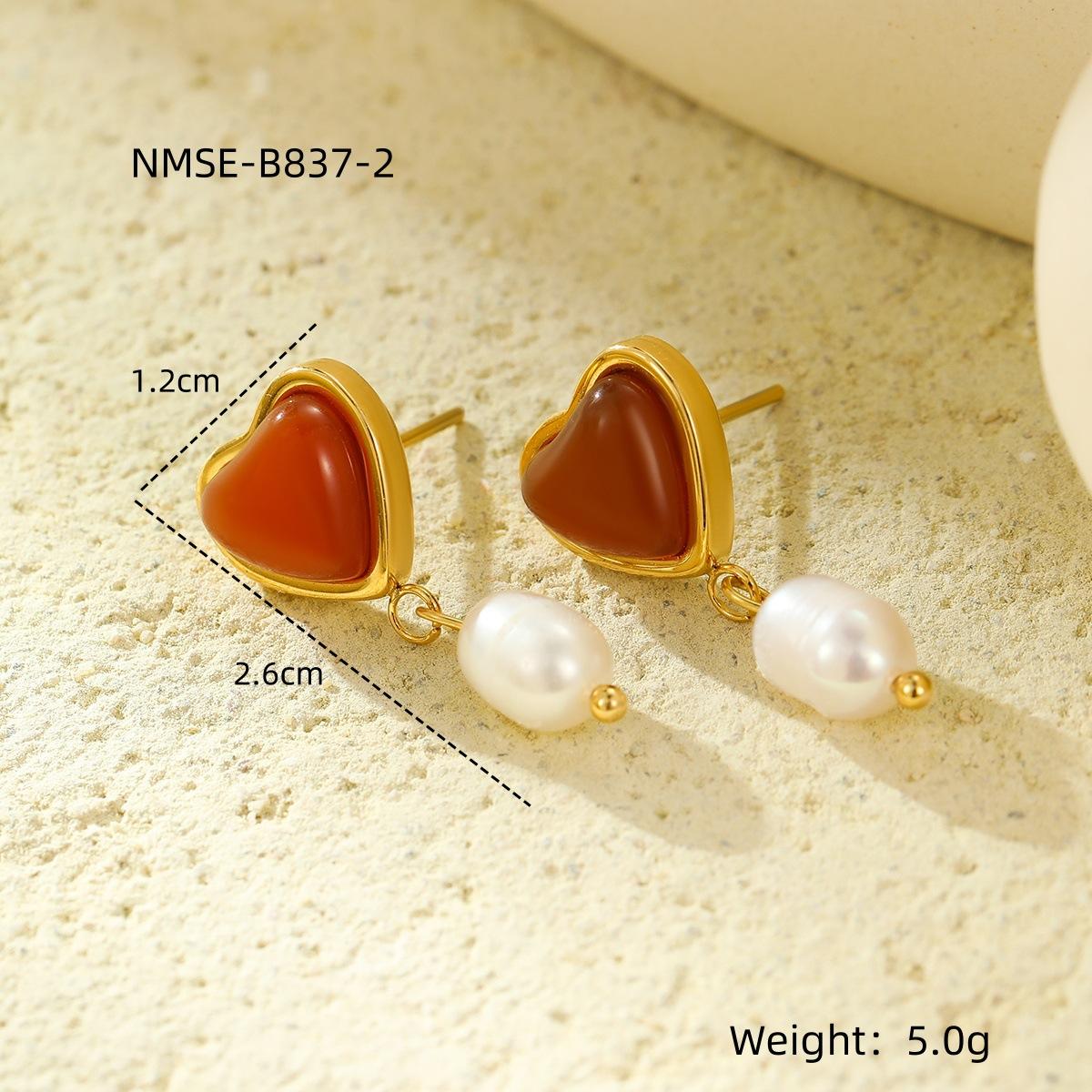 GEMCHIC Women s Stainless Steel Heart Shape Natural Red Agate Pearl Pendant Necklace and Earrings Set