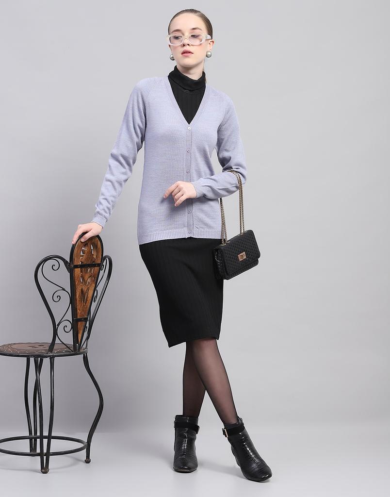 MONTE CARLO Womens Solid Light Purple V Neck Full Sleeve Cardigan