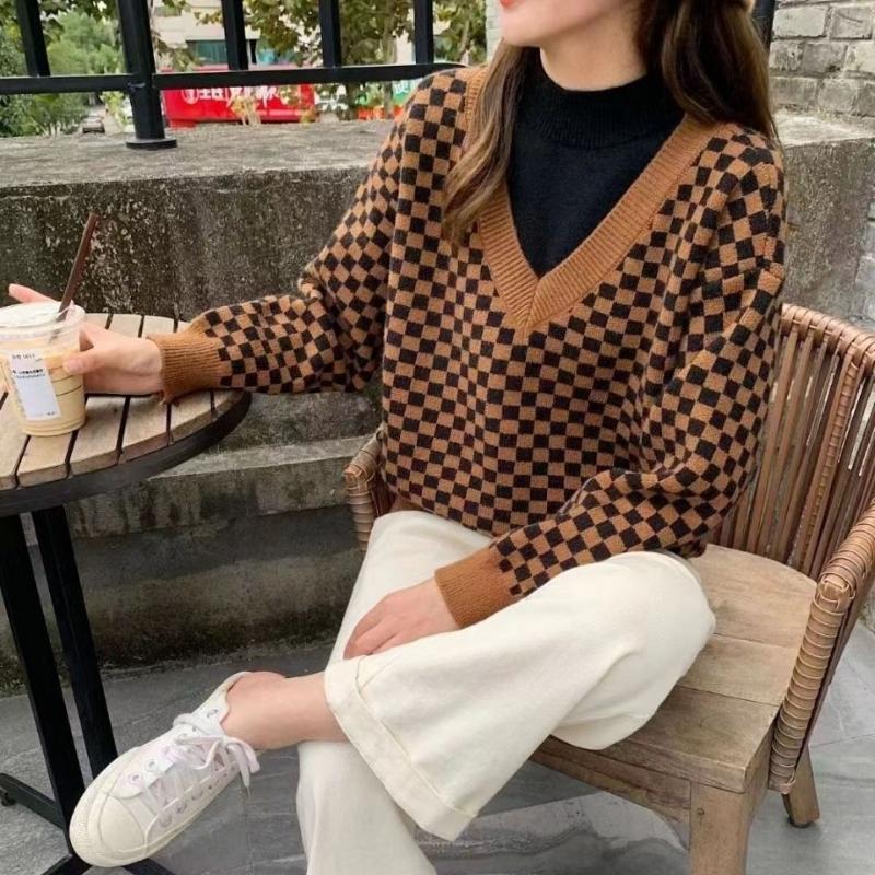 

Пуловер, свитер, осенне-зимний полосатый клетчатый вязаный женский свободный тонкий мягкий восковой повседневный свитер, женские топы