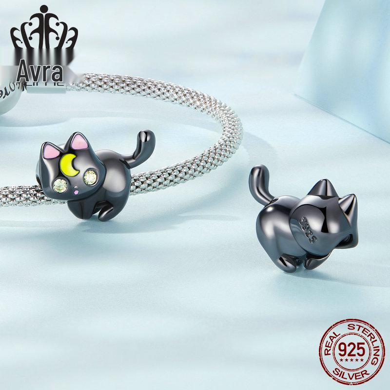 Sterling Silver S925 Moon Cat Beaded Bracelet with Black Gold Plated Zircon Halloween Beads