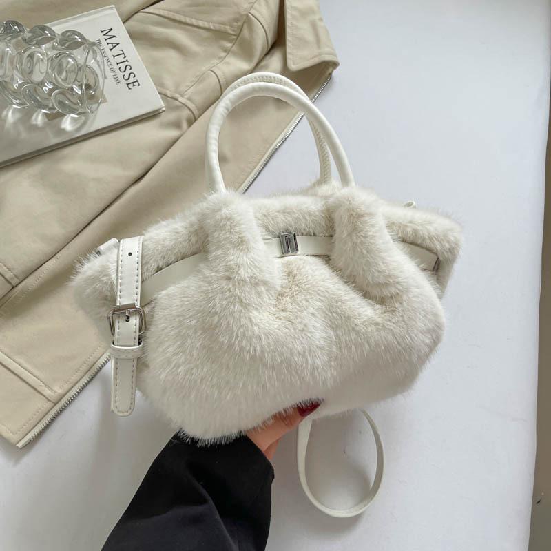 Chic Plush Women's Tote Bag, Imitati Mink Fur Women Handbag, Vegetable Basket Bag, Pleated Bag, Stylish Shoulder Crossbody Bag