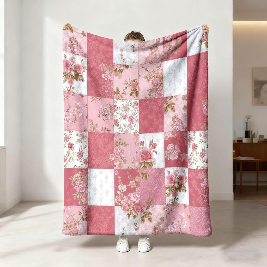 1pc Pink Floral Print 230 Flannel Blanket In Multiple Sizes, Soft And Comfortable Sleeping Blanket, Machine Washable
