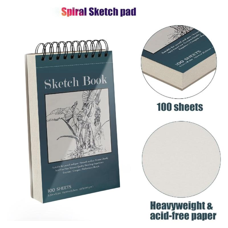 Cuaderno de dibujo de tapa dura, 100 hojas, papel de 68 lb/100 g/m², encuadernación de espiral doble, bloc de dibujo para artistas principiantes, bocetos y garabatos.