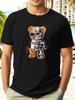 Robot Teddy Bear Graphic Print Summer T-shirt - Navy Blue Casual Short Sleeve Round Neck Tee