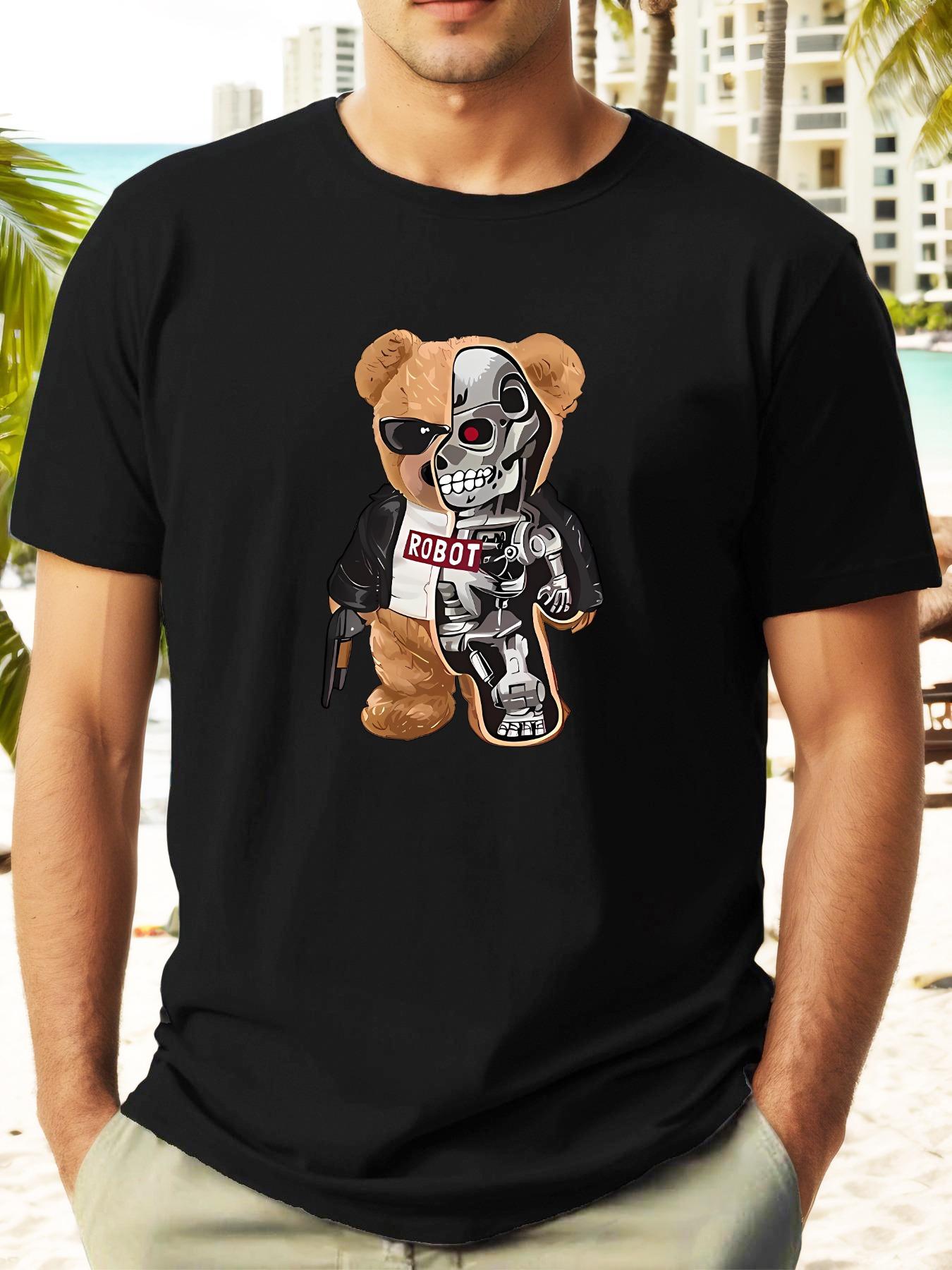 Robot Teddy Bear Graphic Print Summer T-shirt - Navy Blue Casual Short Sleeve Round Neck Tee XL