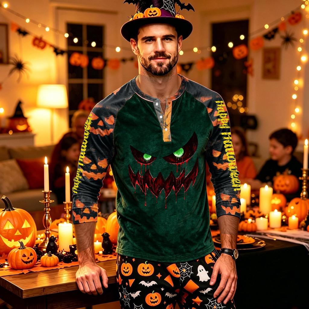 Men's Long Sleeve Shirt with Halloween Print Pattern for Casual Wear