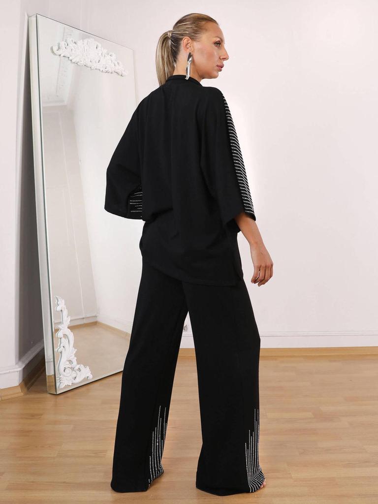 2025 Herbst Damenmode: Schickes zweiteiliges Set mit verziertem Oberteil und Hosen mit weitem Bein