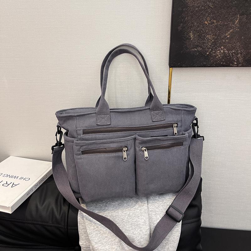 Large Capacity Corduroy Shoulder Bag for Women – Multi-Pocket Tote with Zipper Compartments and Stylish Design