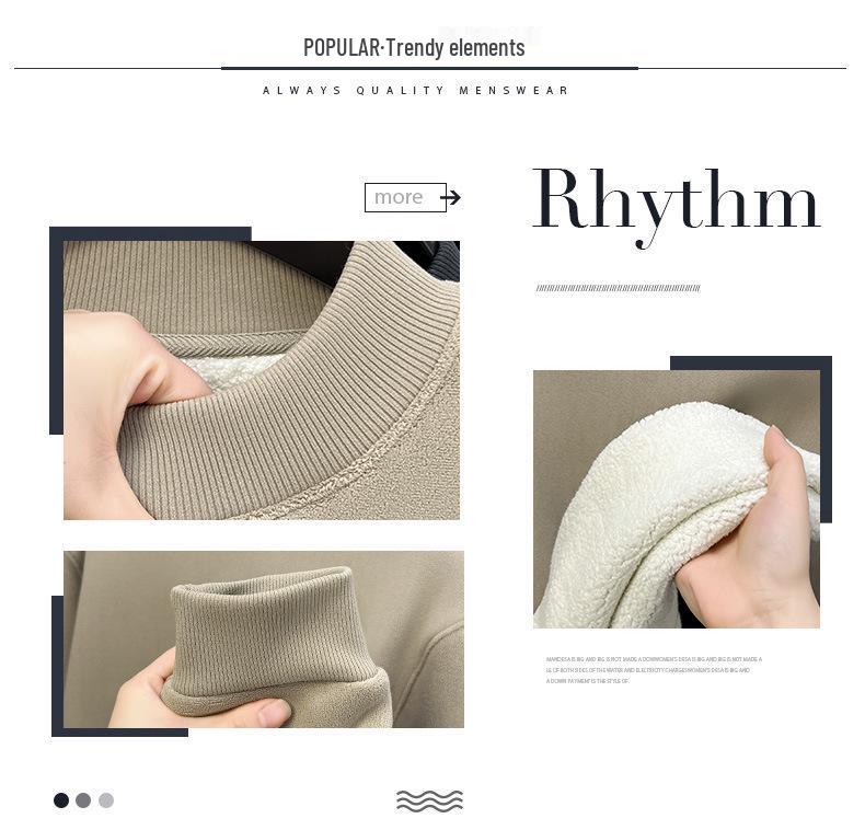 Men's Heavyweight Alpaca Wool Hoodie with Velvet Lining, Fleece-Lined, Versatile Round Neck Base Layer Shirt