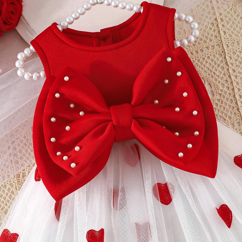 Sommer Neues Mädchen Prinzessinnen-Stil Kleid Rot und Weiß Herz Schleife Lebendiger Niedlicher Stil