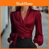 Satin V-Ausschnitt Bluse mit Kreuzbindung für elegante Bürokleidung