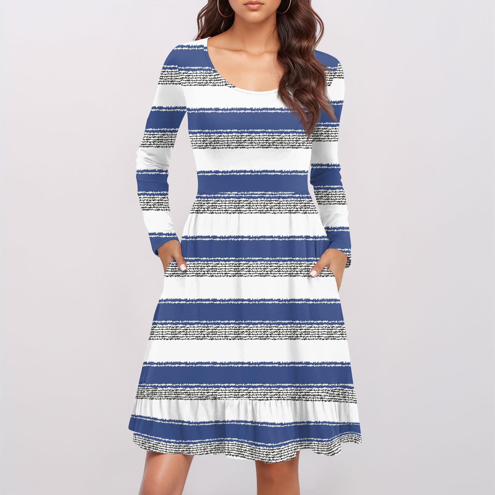 

Женское модное платье с круглым вырезом и длинными рукавами, с принтом, свободная талия, плиссированное повседневное платье L синий