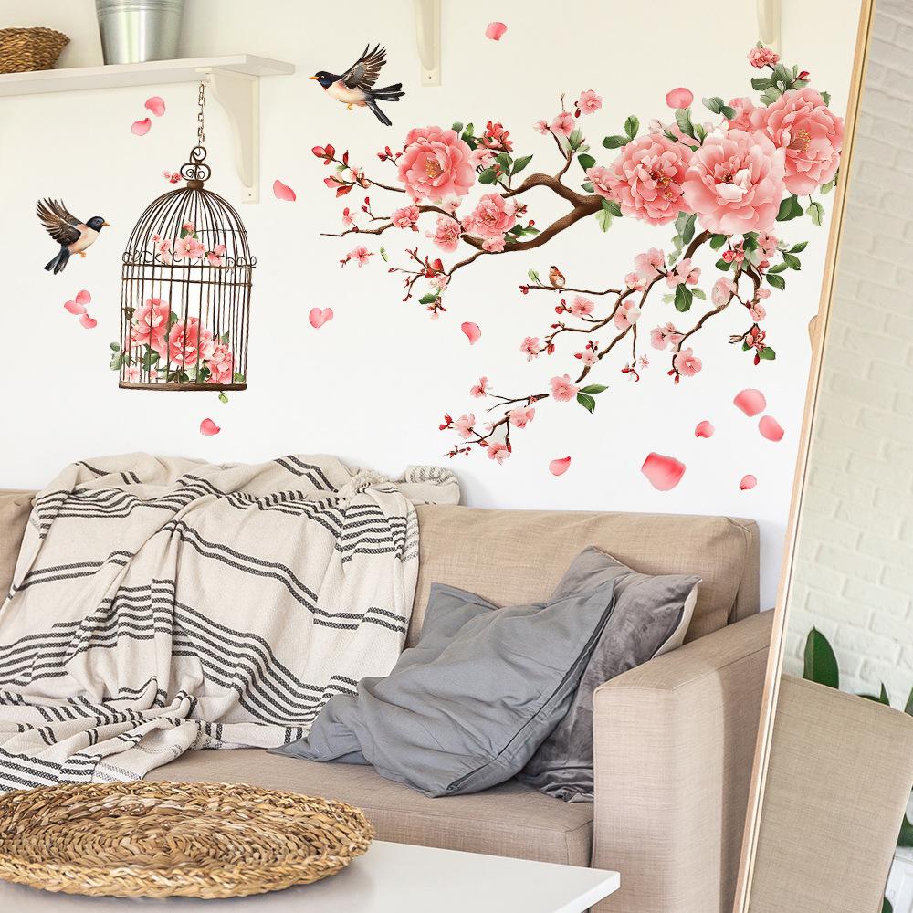 Enkel persikoblomgren Fågelbur Sovrum Vardagsrum Bakgrundsutsmyckning och Dekorativa Väggklistermärken