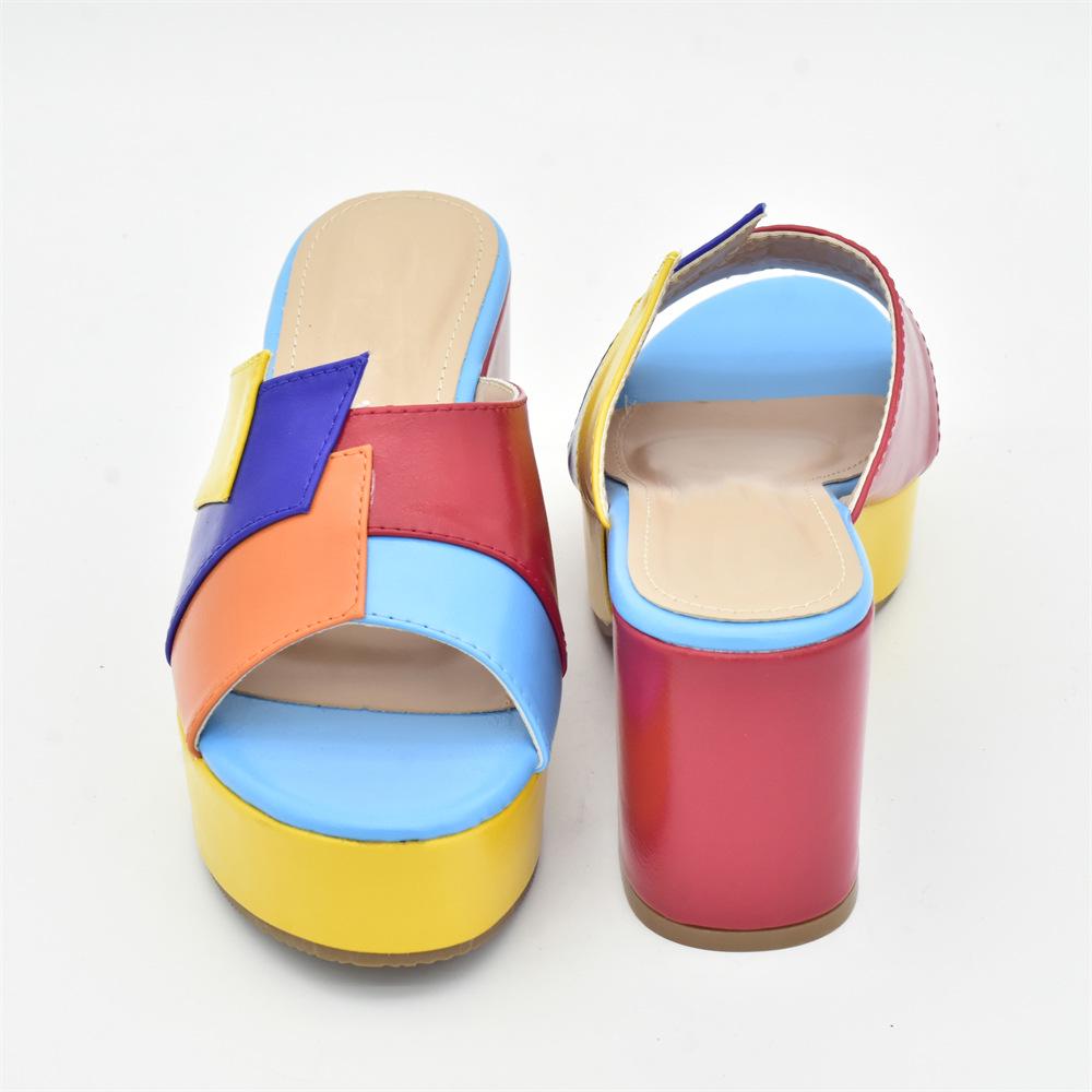 Women's Rainbow Patchwork Slip-On Chunky Heel Sandals
