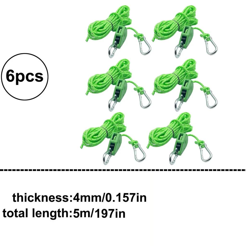 6pcs High Visibility Reflective Camping Rope Tie Down Kit with Pulley Tensioner for Secure Tent Awning Fastening Outdoor