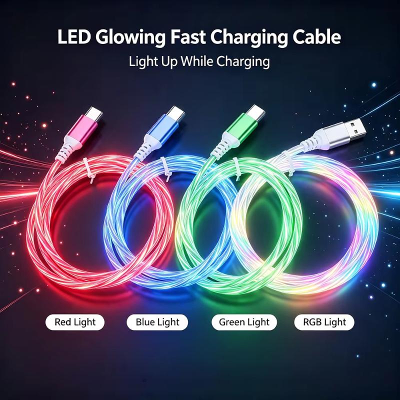 USB Fast Charging Cable LED Flowing Light Effect Waterproof Durable Cord for Car Outdoor Camping Phone Charge