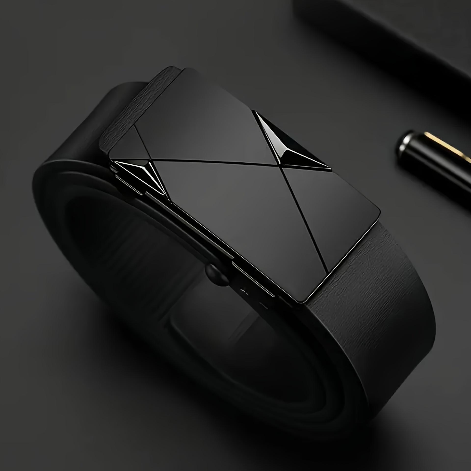 

Men s Luxury Automatic Buckle Faux Leather Belt - Sleek Black with Golden Geometric Buckle, Business Casual Style 120cm