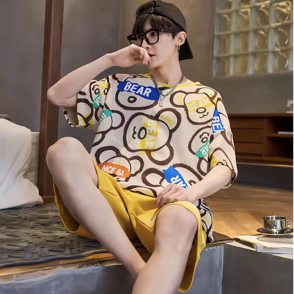 Men's Short-Sleeve Cartoon Pajama Set with Shorts