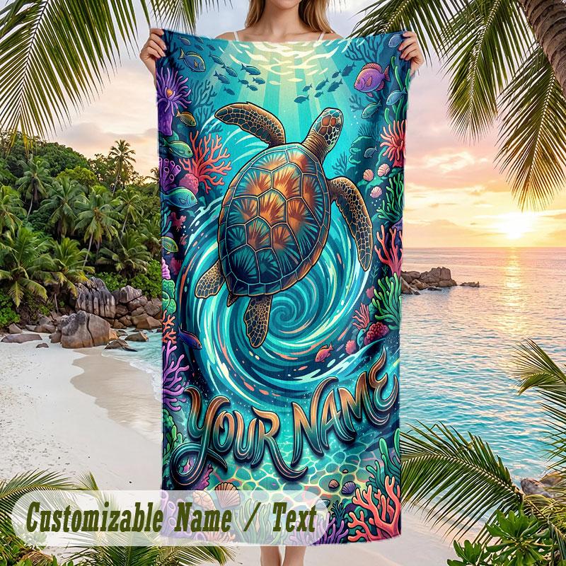 Northern Lights Bear Theme Quick Dry Beach Towel Custom Name Text Print Large Sand Resistant Towel Beach Vacation