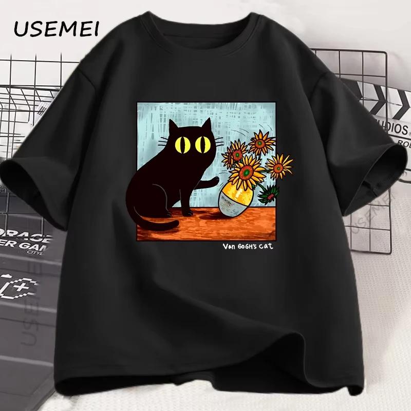 

Van Gogh Cat Graphic T Shirts Women Flower Black Cat Tshirt Round Neck Short Sleeve Trendy Tee Shirt Streetwear S