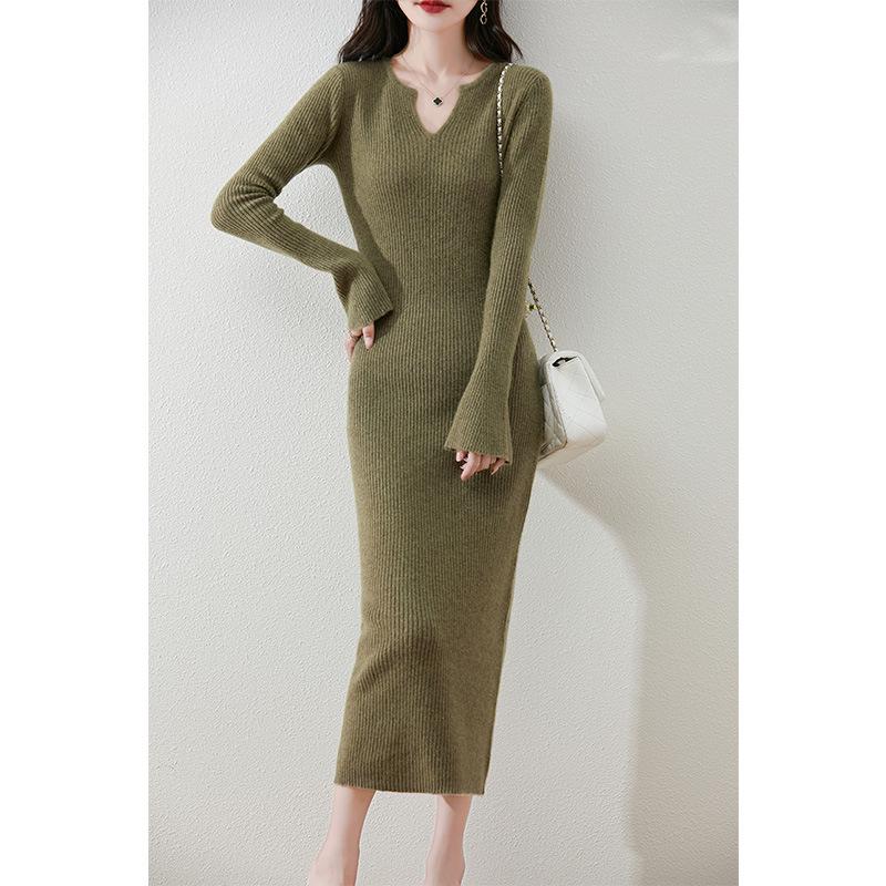 Autumn-Winter Pure Wool Trumpet Sleeve Mid-Length Sweater Dress