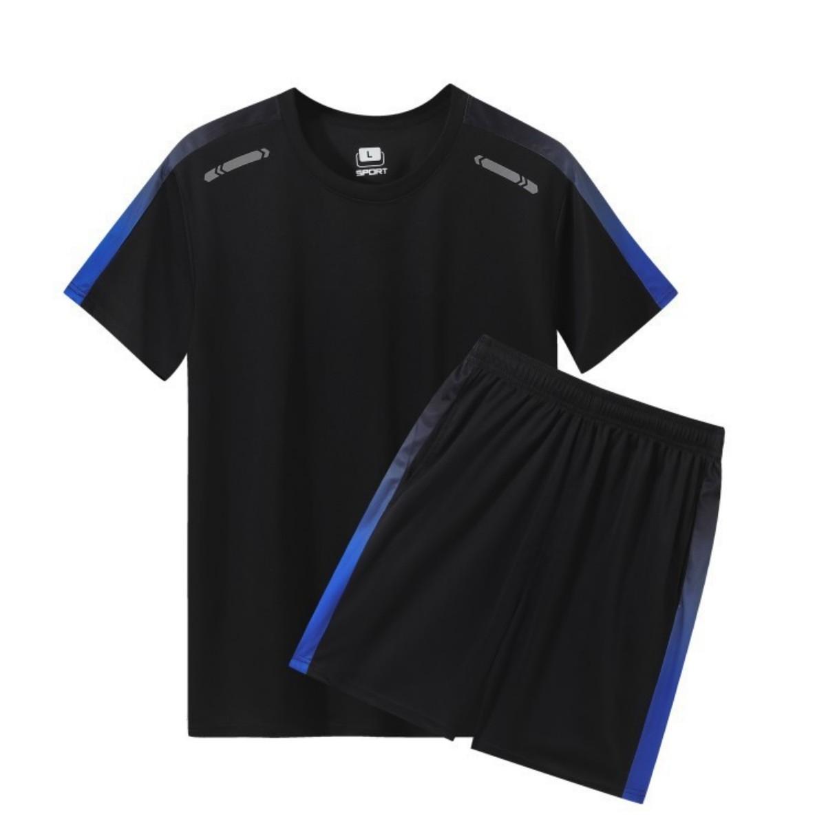 Summer new men s badminton training gradient striped print breathable round neck T-shirt shorts set outdoor sportswear S