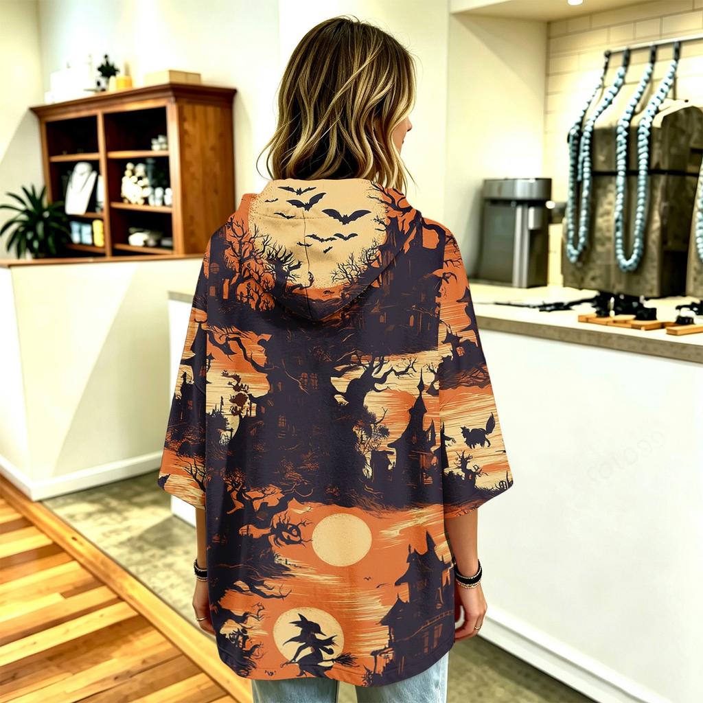 Women's Fashionable Three-Quarter-Sleeve Halloween-Printed Hooded Pullover
