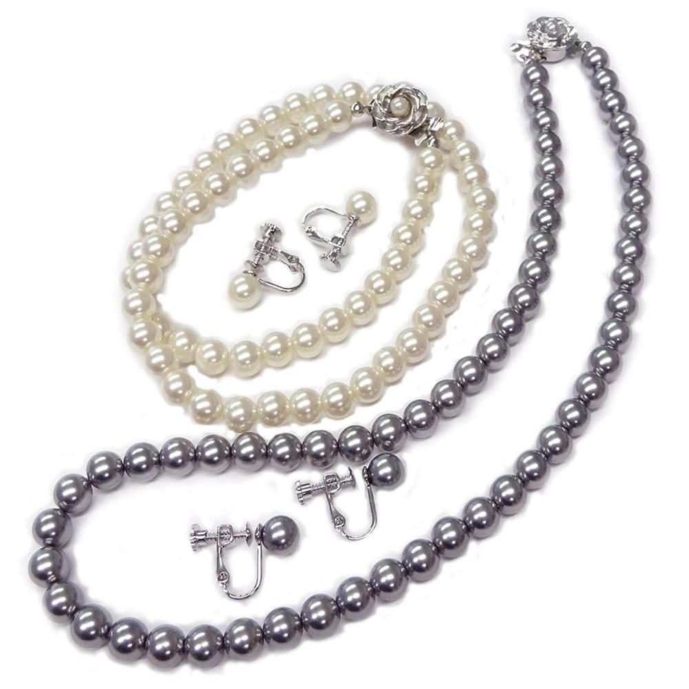 and Me Jewelry Faux Pearl Necklace and Earrings Set Black and White Made in Japan [You Box] - 2-Piece Set, 7.0mm Pearls, 42cm,