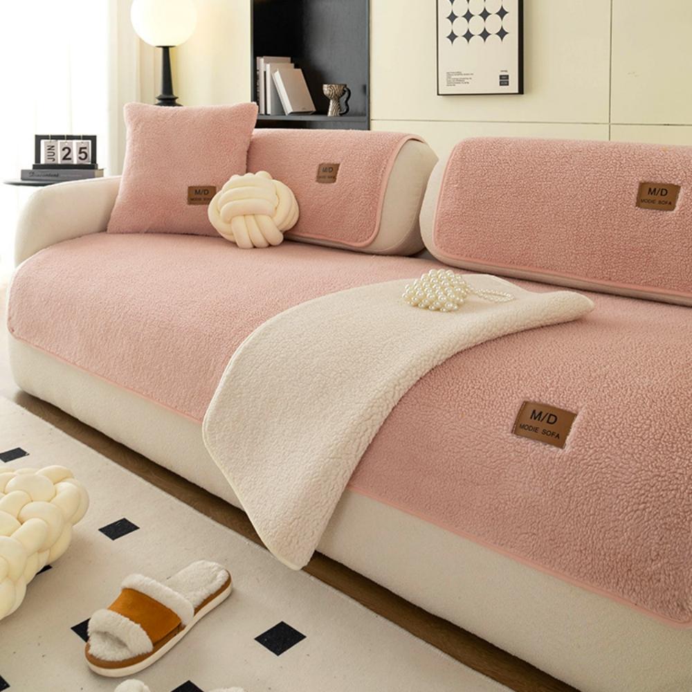 Solid Sherpa Anti-Slip Sofa Cover With Pu Label Decor For Living Room Coush Seat Cover, Universal Sofa Slipcover Furniture Towel