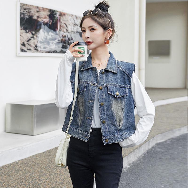 

Женский дизайнерский джинсовый жилет с подплечниками - короткая осенняя куртка-жилет 2023 Medium