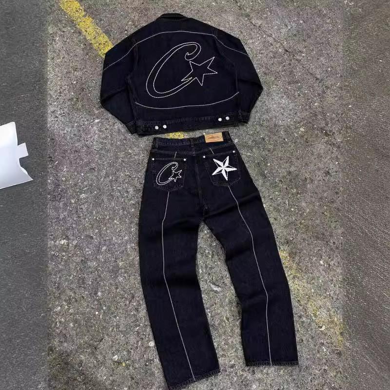 Corteiz Devil Island Denim Shorts Mens Embroidered Star Retro Streetwear Straight Cut Mid-Waist Casual Short Pants