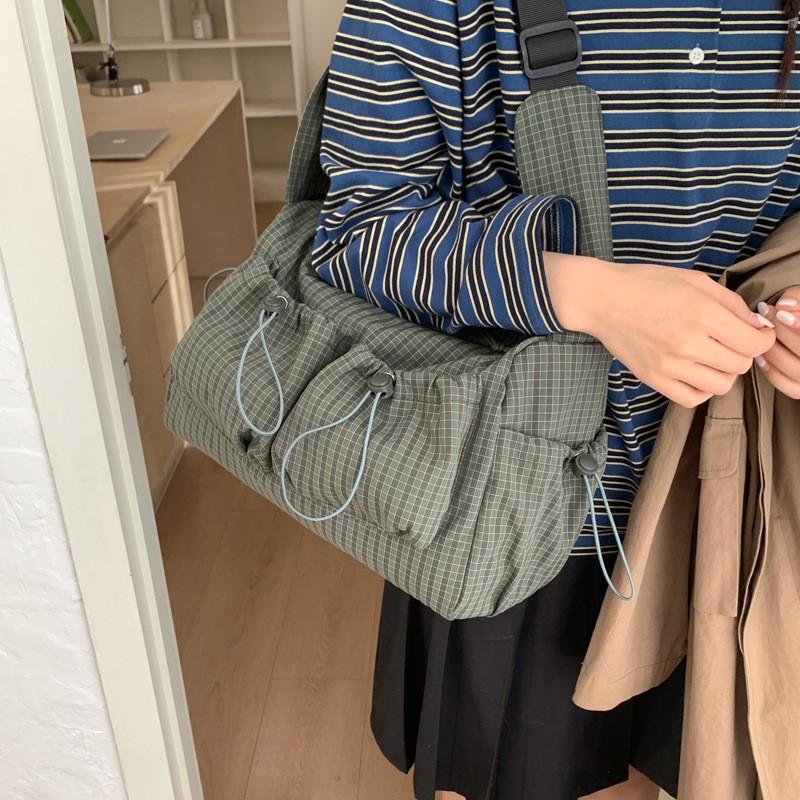 Stylish Plaid Shoulder Bag Korean Minimalist Tote Bag Casual Pleated Adjustable Crossbody Bag Zipper Handbag Fashi Canvas Bag