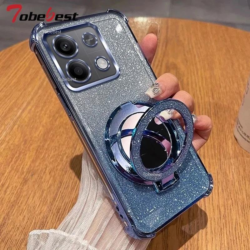 Glitter Shockproof Silicone Case For Xiaomi POCO X5 Pro 5G Mirror Magnetic Holder Stand Soft Cover