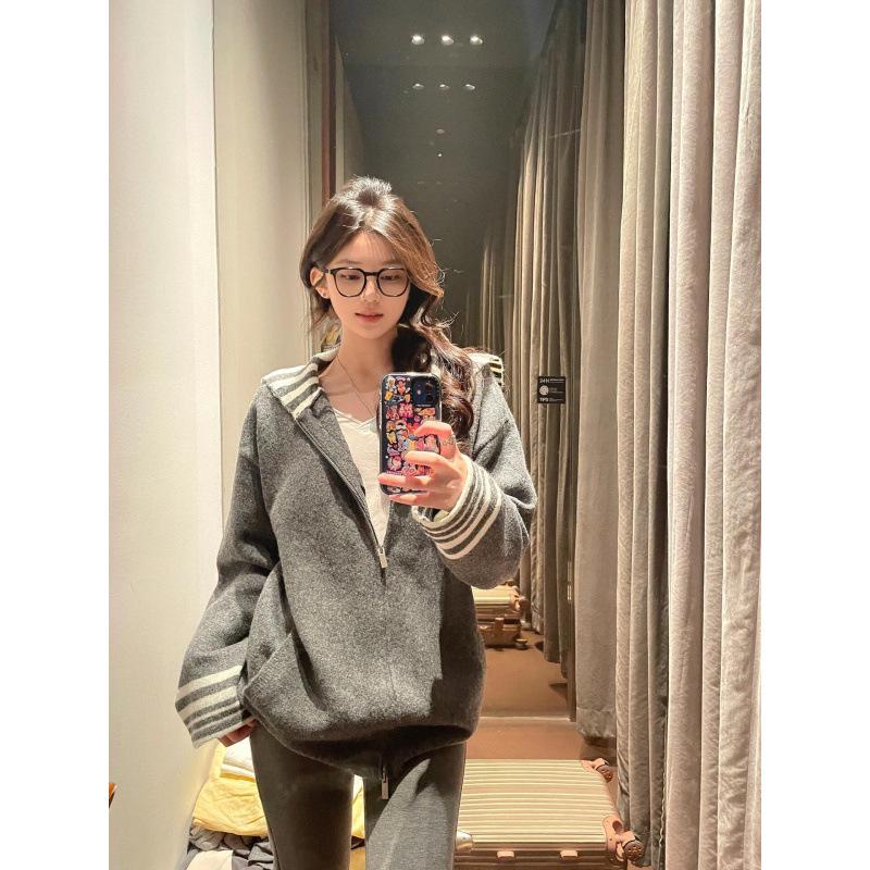 

Women s Autumn Navy Collar Gray Color Block Striped Knit Cardigan Sweater in Lazy Preppy Style L (recomm. 105-115 jin) сірий колір