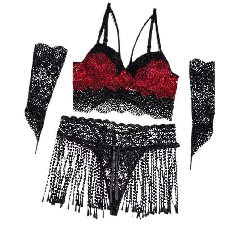 Sexy sex clothes black silk tassel lace suit hot girl passion free plus size fat sister midnight passion