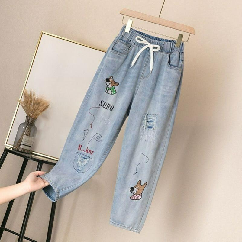 Embroidered Jeans Women's Loose Straight Elastic Waist College Style Retro Literary Trousers Spring and Autumn Nine-point Pants