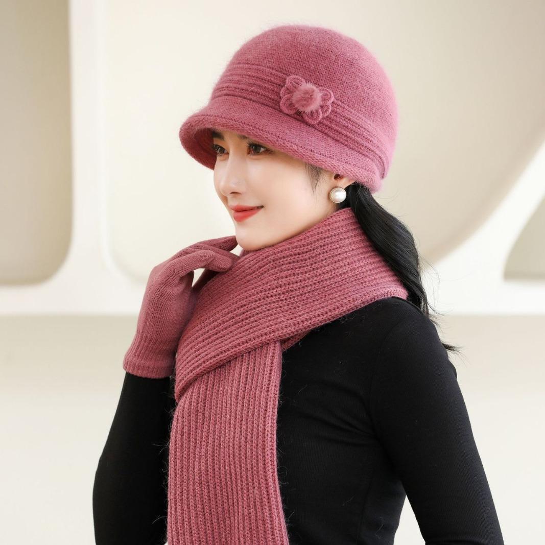 

New Autumn and Winter Warm Rabbit Hair Hat Woman Mother Hat Set Old Lady Thickened Pot Hat Fashionable average size