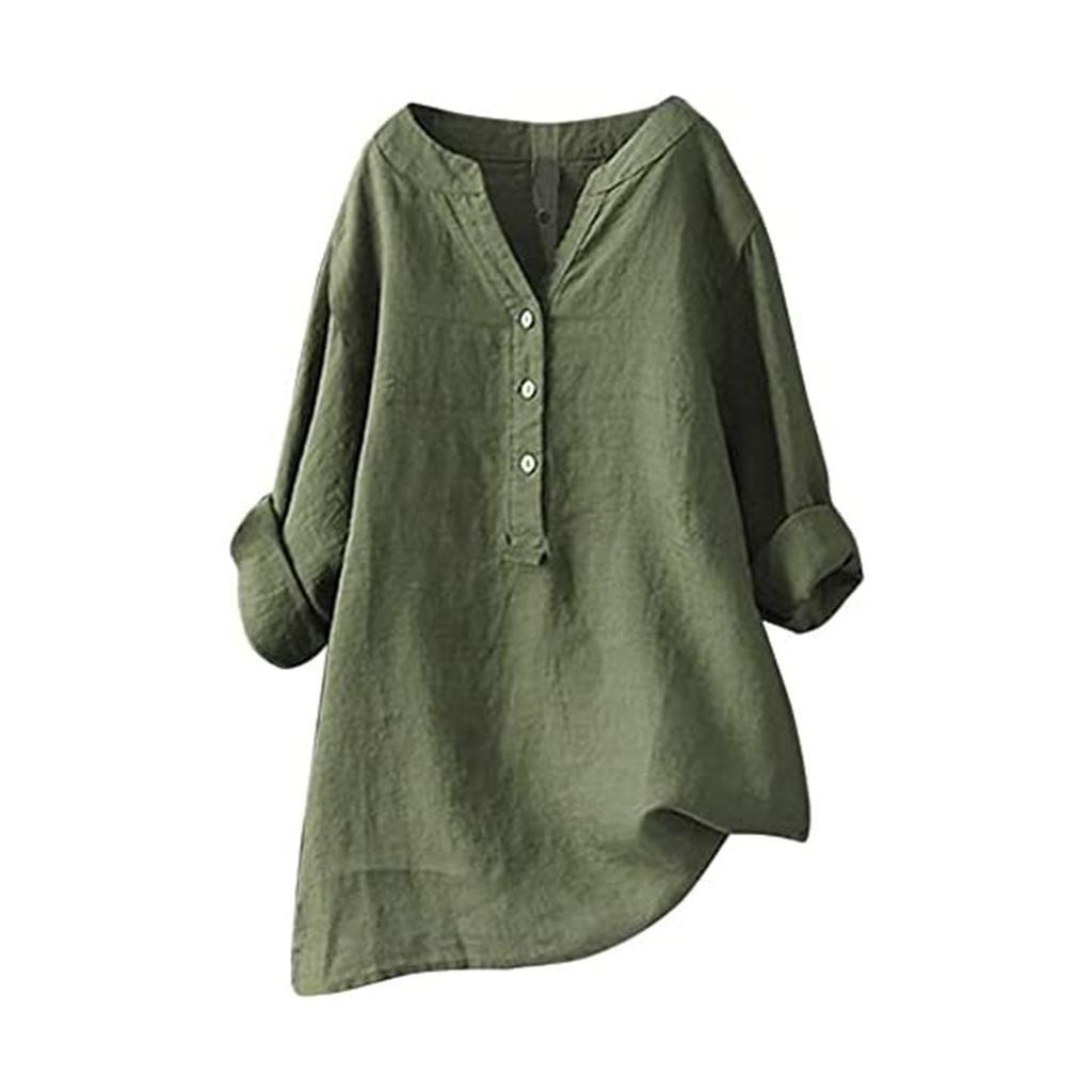 Women's Solid Color Long Sleeve Shirt with Stand Up Collar Casual Loose Blouse Button Down Tops