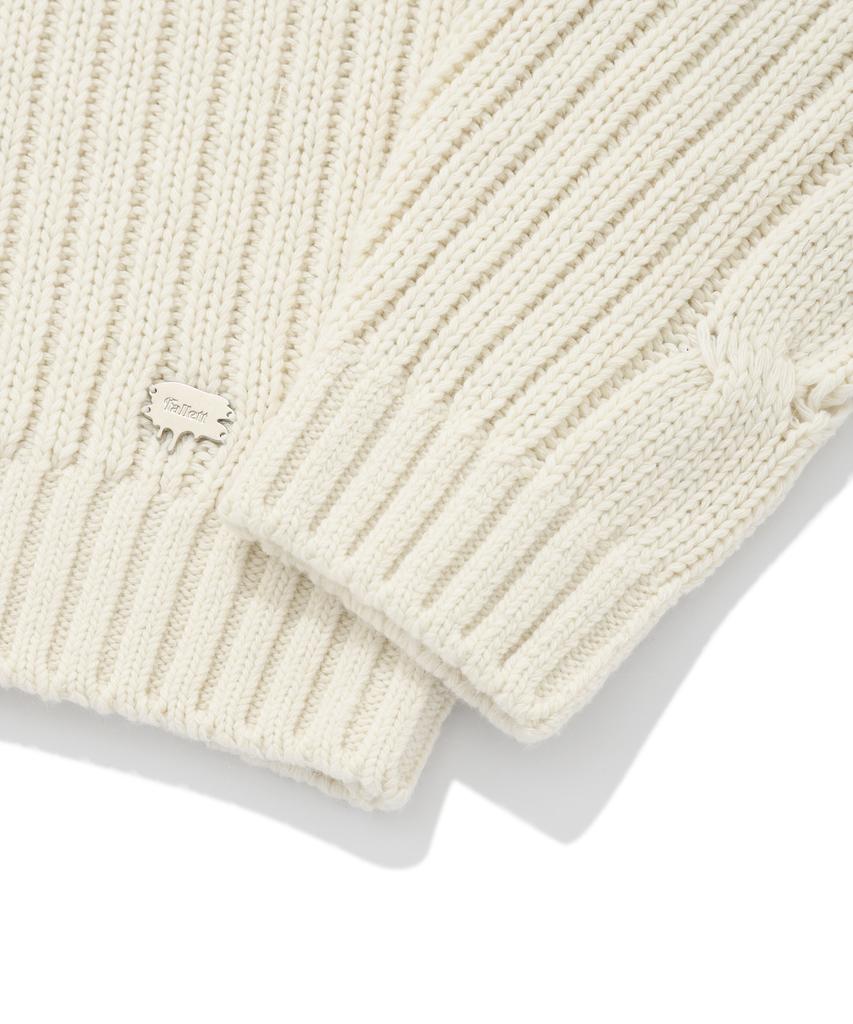 FALLETT Laine d'agneau Tricot torsadé Demi-zip Ivoire