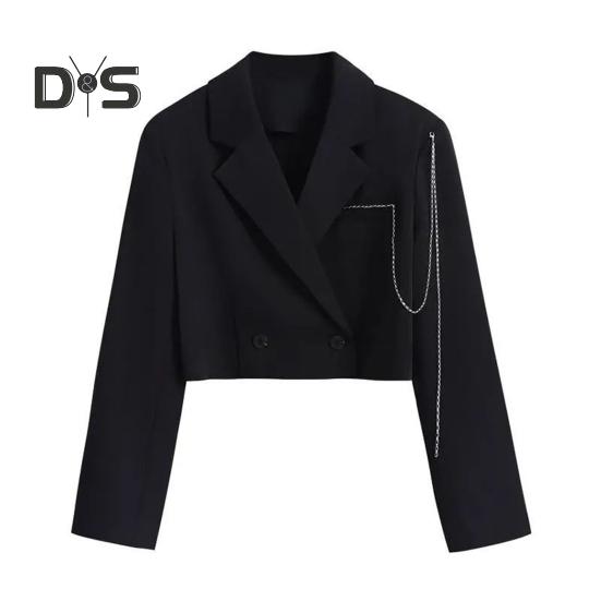 

Женский короткий пиджак двубортный с цепочным декором длинный рукав кардиган с лацканами и воротником-стойкой свободный однотонный тонкий формальный деловой стиль женский пиджак 3XL