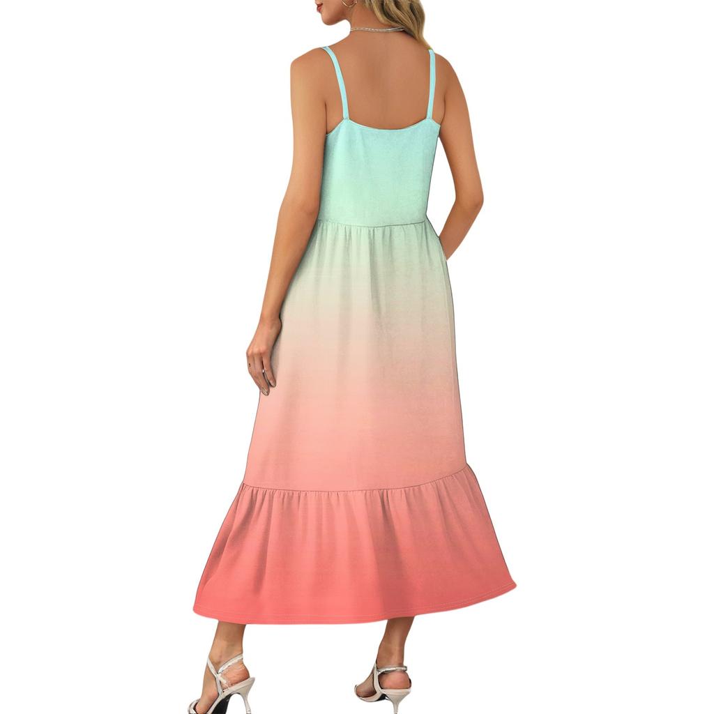 Women's Long Beach Casual Elegant Spaghetti Strap Maxi Dress Gradient Color Low-key Flowing Bohemian Dress