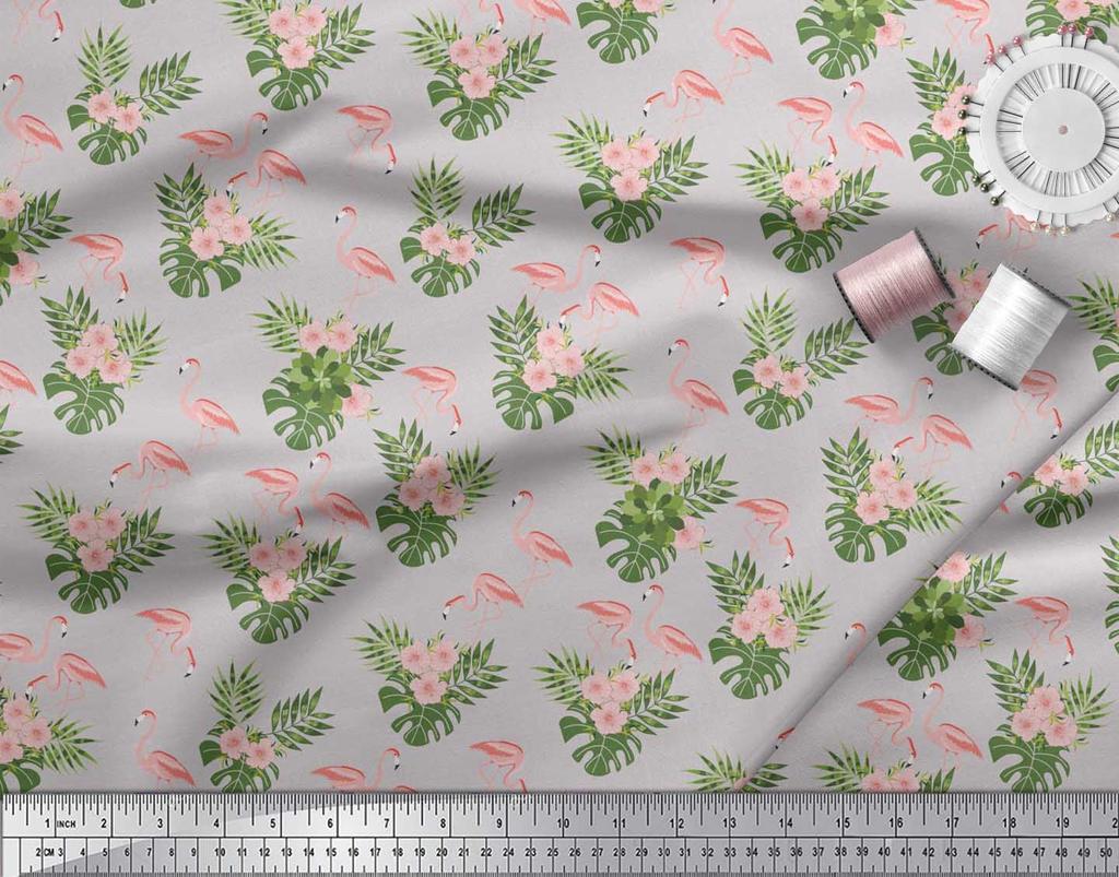 Soimoi Japan Crepe Satin Fabric Tropical Leaves,Floral & Flamingo Bird Print Fabric by the metre 42 Inch