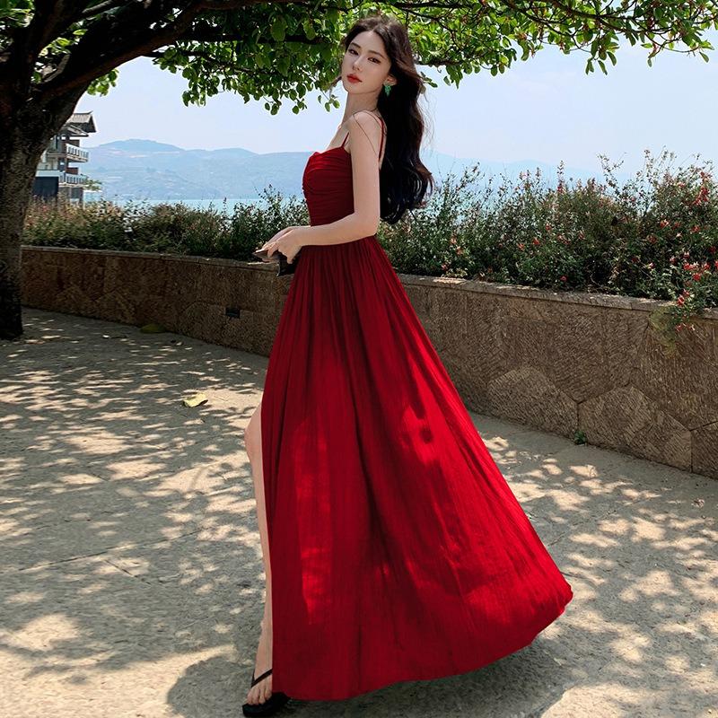 Pure Desire Sexy Backless Sleeveless Suspender Dress Women's Summer New Waist and Thin Design Split Word Skirt