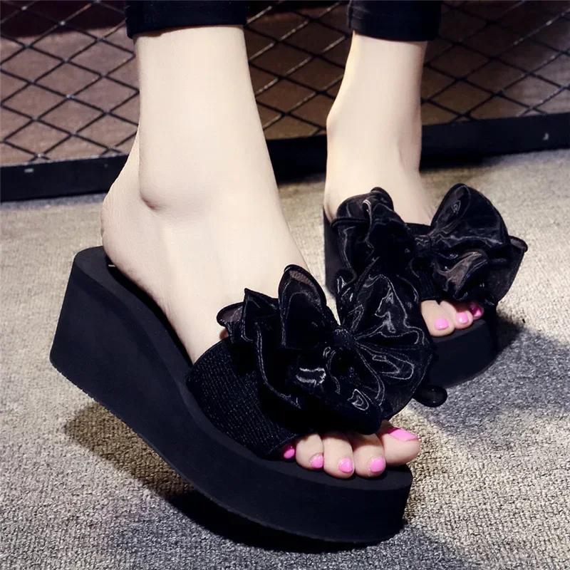 Fashion Chic Black Platform Flip - Flops with Mesh Pink Bow - Ideal for Summer Beach & Casual Outings