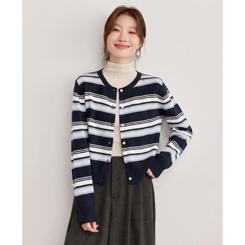Shexi 100% Wool Striped Crew Neck Knitted Cardigan